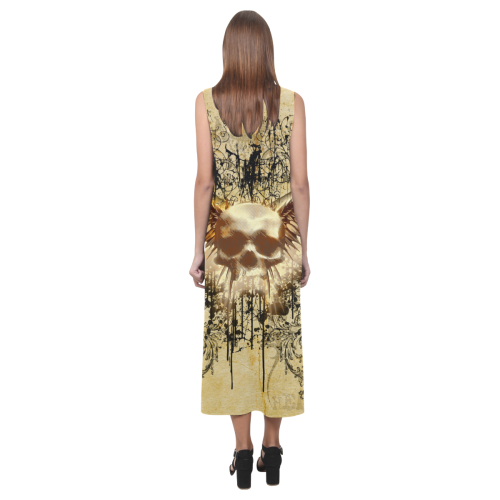 Amazing skull, wings and grunge Phaedra Sleeveless Open Fork Long Dress (Model D08)