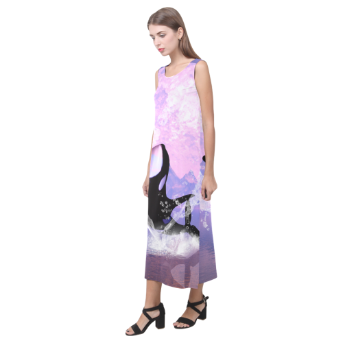 Awesome orca jumping by a heart Phaedra Sleeveless Open Fork Long Dress (Model D08)