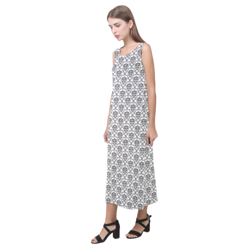 Elegant Black and White Damask Phaedra Sleeveless Open Fork Long Dress (Model D08)