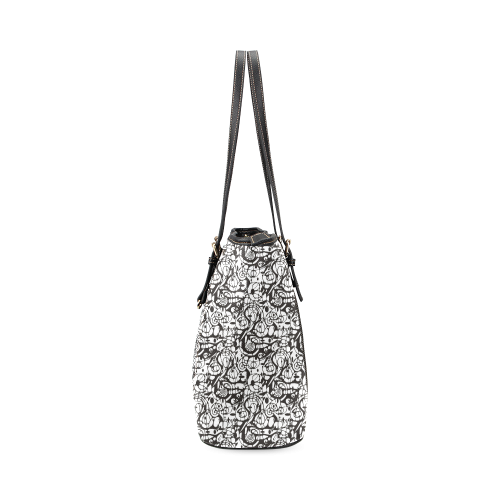 Crazy Spiral Shapes Pattern - Black White Leather Tote Bag/Large (Model 1640)
