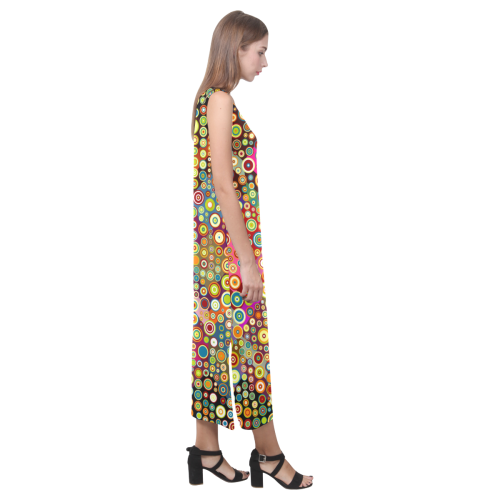 Multicolored RETRO POLKA DOTS pattern Phaedra Sleeveless Open Fork Long Dress (Model D08)