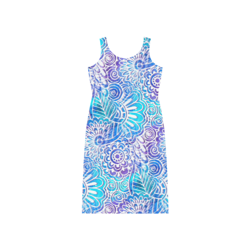 Abstract Flower Doodle On Blue Watercolor Phaedra Sleeveless Open Fork Long Dress (Model D08)