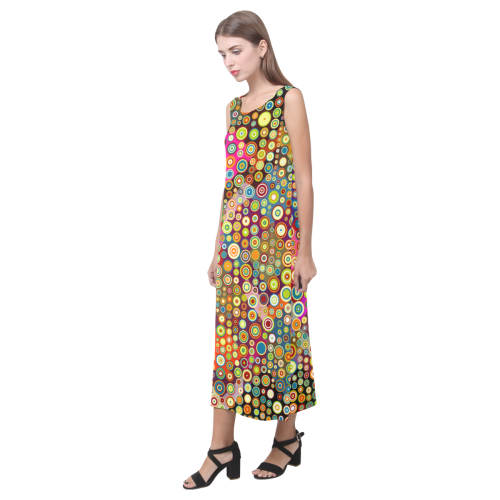 Multicolored RETRO POLKA DOTS pattern Phaedra Sleeveless Open Fork Long Dress (Model D08)