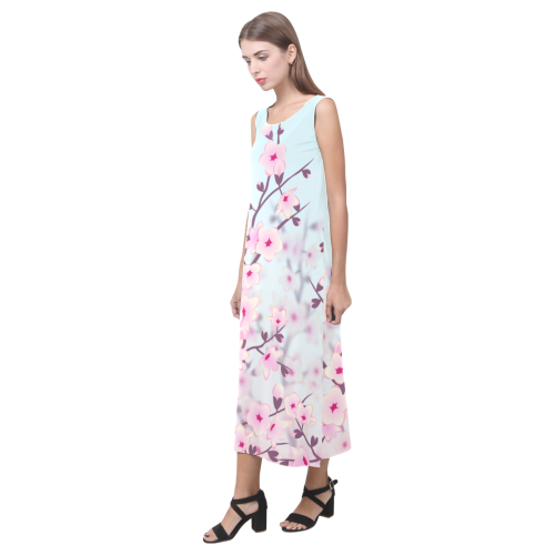 Cherry Blossoms Pastel Sakura Floral Phaedra Sleeveless Open Fork Long Dress (Model D08)