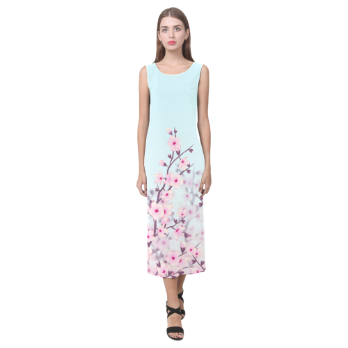 Cherry Blossoms Pastel Floral Sakura Phaedra Sleeveless Open Fork Long Dress (Model D08)