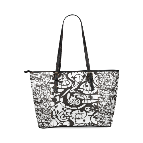 Crazy Spiral Shapes Pattern - Black White Leather Tote Bag/Small (Model 1640)