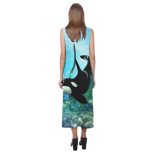 Wonderful orca in a fantasy underwater world Phaedra Sleeveless Open Fork Long Dress (Model D08)