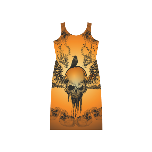 Amazing skull with crow Phaedra Sleeveless Open Fork Long Dress (Model D08)