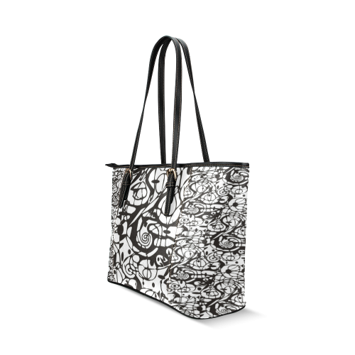 Crazy Spiral Shapes Pattern - Black White Leather Tote Bag/Small (Model 1640)