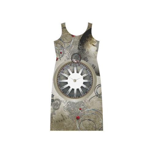 Steampunk, noble design, clocks and gears Phaedra Sleeveless Open Fork Long Dress (Model D08)