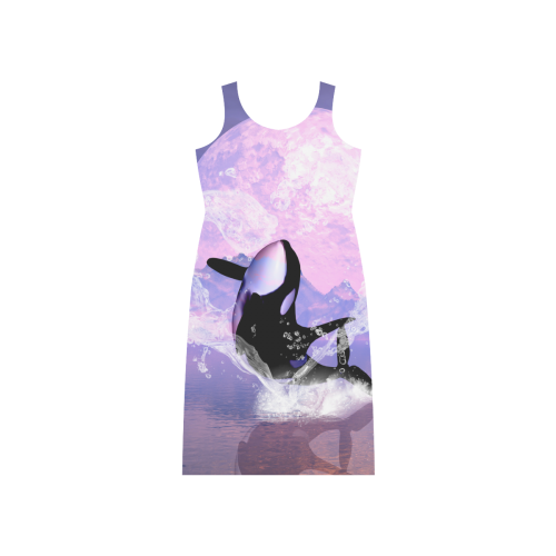 Awesome orca jumping by a heart Phaedra Sleeveless Open Fork Long Dress (Model D08)
