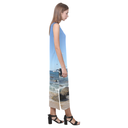 Sailing Boats at Virgin Gorda BVI Phaedra Sleeveless Open Fork Long Dress (Model D08)