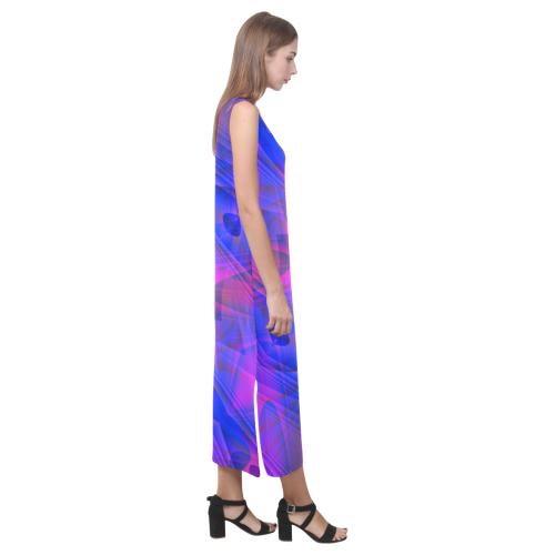 Blue and Purple Fractal Abstract Phaedra Sleeveless Open Fork Long Dress (Model D08)