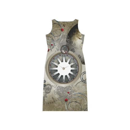 Steampunk, noble design, clocks and gears Phaedra Sleeveless Open Fork Long Dress (Model D08)