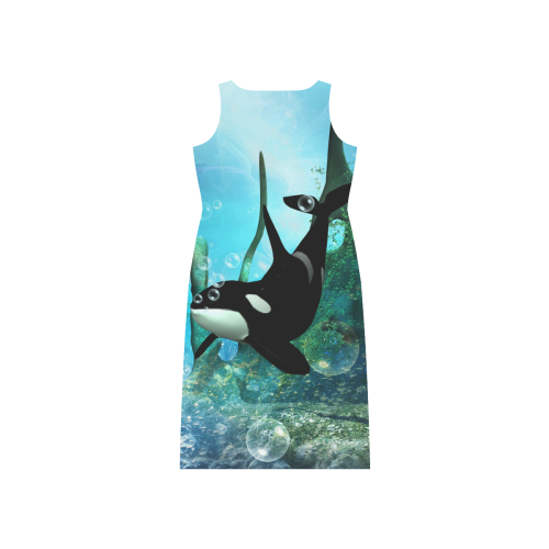 Wonderful orca in a fantasy underwater world Phaedra Sleeveless Open Fork Long Dress (Model D08)