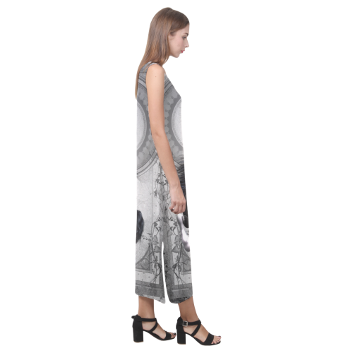 Awesome horse in black and white with flowers Phaedra Sleeveless Open Fork Long Dress (Model D08)