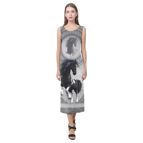 Awesome horse in black and white with flowers Phaedra Sleeveless Open Fork Long Dress (Model D08)