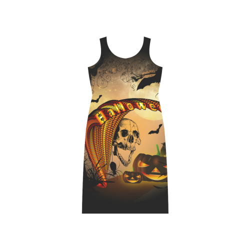 Funny halloween design with skull and pumpkin Phaedra Sleeveless Open Fork Long Dress (Model D08)
