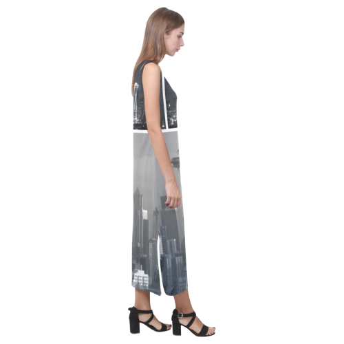 Grey Seattle Space Needle Collage Phaedra Sleeveless Open Fork Long Dress (Model D08)