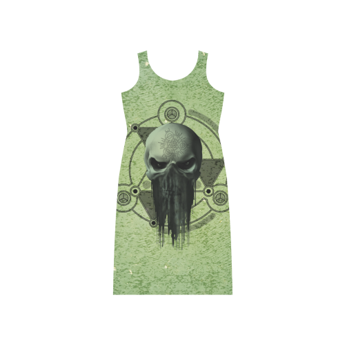 Awesome skull, green colors Phaedra Sleeveless Open Fork Long Dress (Model D08)