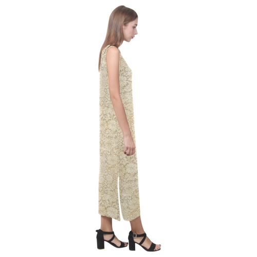 Old CROCHET / LACE FLORAL pattern - beige Phaedra Sleeveless Open Fork Long Dress (Model D08)