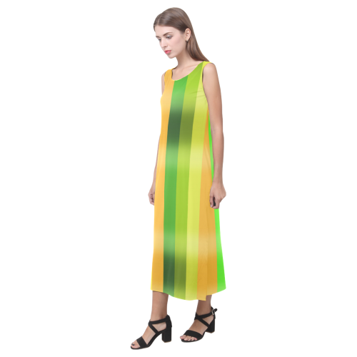 Green Orange Yellow Stripes Design Phaedra Sleeveless Open Fork Long Dress (Model D08)