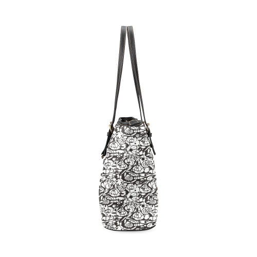 Crazy Spiral Shapes Pattern - Black White Leather Tote Bag/Small (Model 1640)