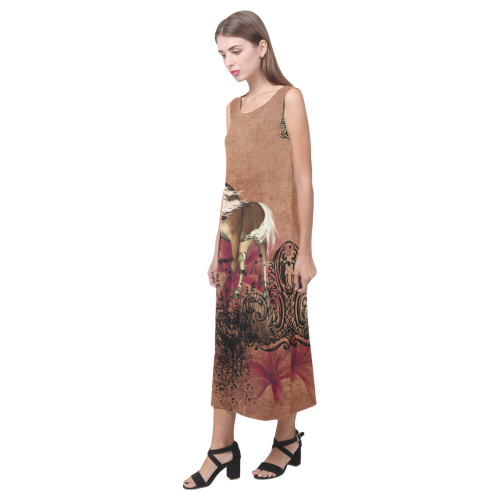 Amazing horse with flowers Phaedra Sleeveless Open Fork Long Dress (Model D08)