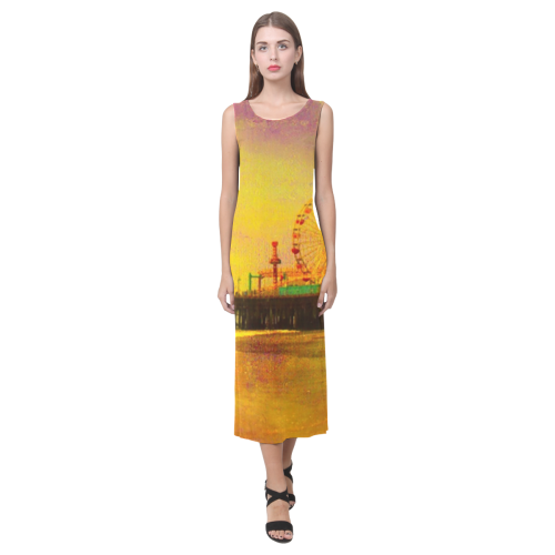 Yellow Purple Santa Monica Pier Phaedra Sleeveless Open Fork Long Dress (Model D08)