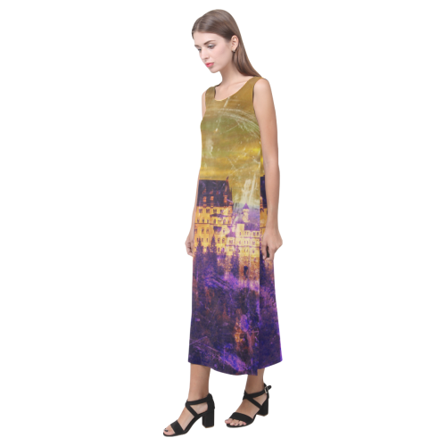 Yellow Purple Neuschwanstein Castle Phaedra Sleeveless Open Fork Long Dress (Model D08)