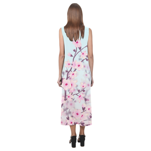 Cherry Blossoms Pastel Sakura Floral Phaedra Sleeveless Open Fork Long Dress (Model D08)