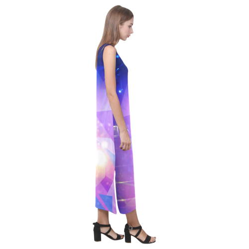 Purple Abstract Triangles Phaedra Sleeveless Open Fork Long Dress (Model D08)