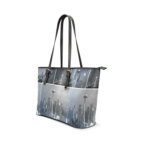 Grey Seattle Space Needle Collage Leather Tote Bag/Large (Model 1640)