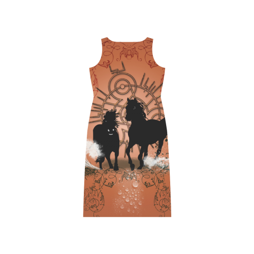 Black horses silhouette Phaedra Sleeveless Open Fork Long Dress (Model D08)
