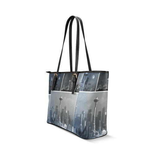 Grey Seattle Space Needle Collage Leather Tote Bag/Large (Model 1640)