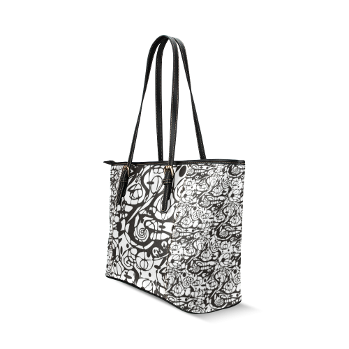 Crazy Spiral Shapes Pattern - Black White Leather Tote Bag/Large (Model 1640)