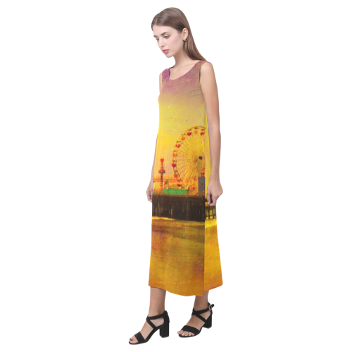 Yellow Purple Santa Monica Pier Phaedra Sleeveless Open Fork Long Dress (Model D08)