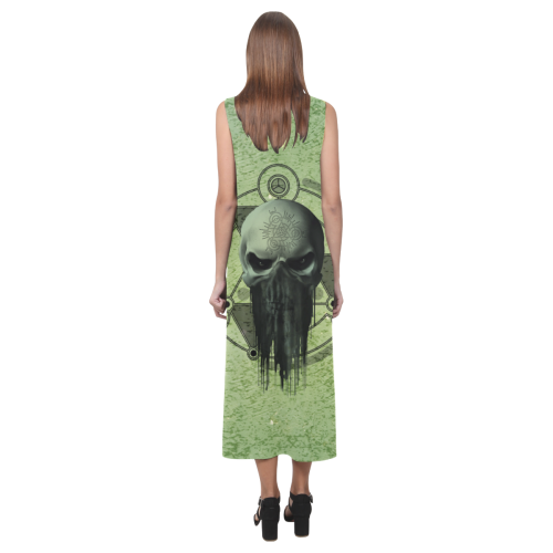 Awesome skull, green colors Phaedra Sleeveless Open Fork Long Dress (Model D08)