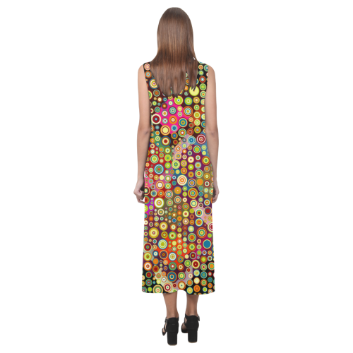 Multicolored RETRO POLKA DOTS pattern Phaedra Sleeveless Open Fork Long Dress (Model D08)