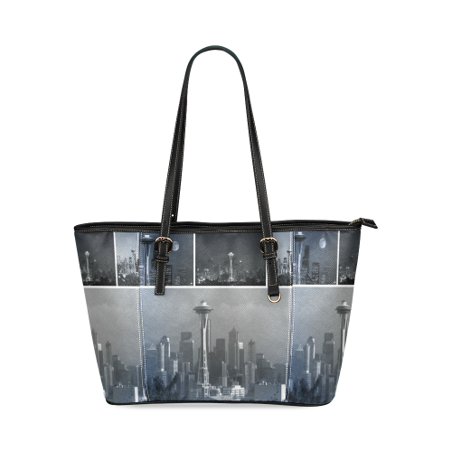 Grey Seattle Space Needle Collage Leather Tote Bag/Large (Model 1640)