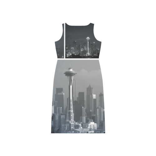 Grey Seattle Space Needle Collage Phaedra Sleeveless Open Fork Long Dress (Model D08)