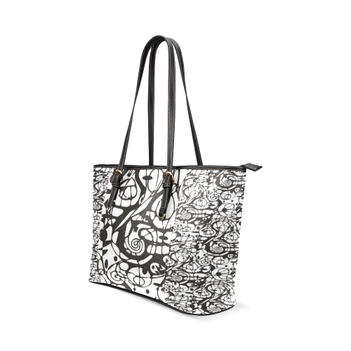 Crazy Spiral Shapes Pattern - Black White Leather Tote Bag/Small (Model 1640)