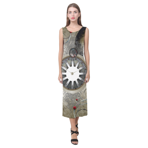 Steampunk, noble design, clocks and gears Phaedra Sleeveless Open Fork Long Dress (Model D08)