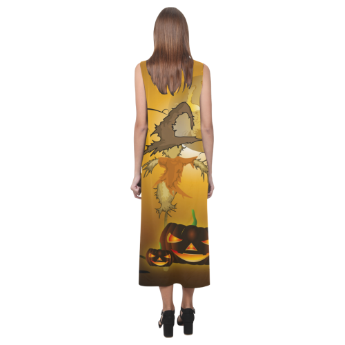 Funny scarecrow with punpkin Phaedra Sleeveless Open Fork Long Dress (Model D08)