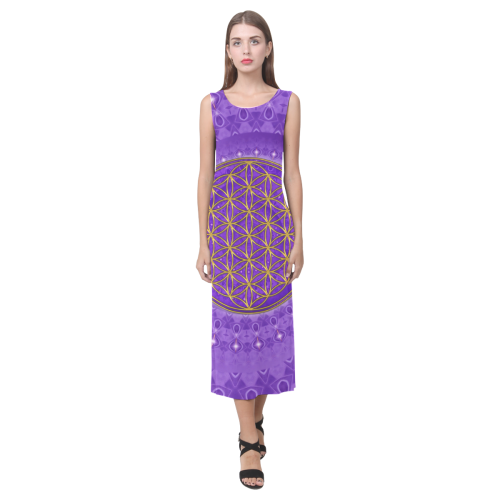 FLOWER OF LIFE gold POWER SPIRAL purple Phaedra Sleeveless Open Fork Long Dress (Model D08)