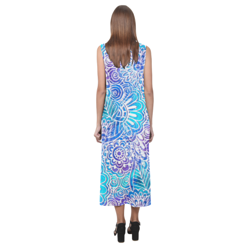 Abstract Flower Doodle On Blue Watercolor Phaedra Sleeveless Open Fork Long Dress (Model D08)