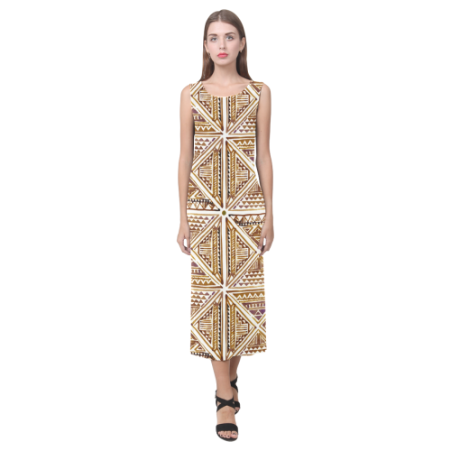 Folklore TRIANGLES pattern brown Phaedra Sleeveless Open Fork Long Dress (Model D08)