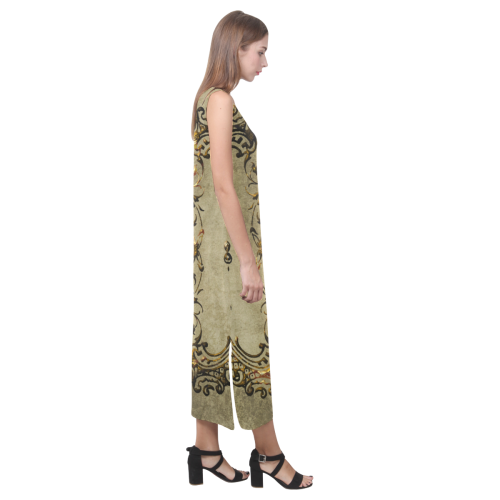 Beautiful decorative vintage design Phaedra Sleeveless Open Fork Long Dress (Model D08)