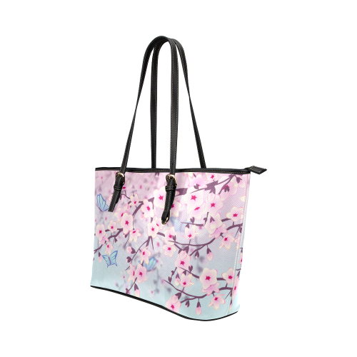 Cherry Blossoms Pastel Floral Sakura Leather Tote Bag/Small (Model 1651)