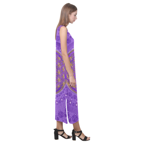 FLOWER OF LIFE gold POWER SPIRAL purple Phaedra Sleeveless Open Fork Long Dress (Model D08)